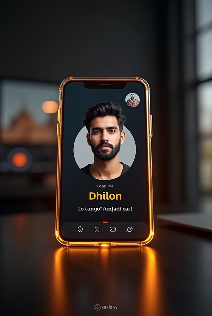 create a tango profile on glass id card on a black desk displaying tango logo and realistic profile photo of a beard Punjabi boy in circle and "DHILLON" is written in bold fonts under the profile photo, the TANGO card is glowing in yellow color on the edge.