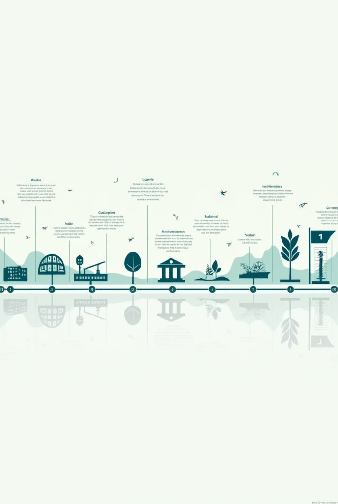 Design a sophisticated timeline or roadmap with Slate Blue markers and Ivory lines on a transparent background to show long-term impacts. Incorporate detailed Slate Blue icons representing various impacts, such as infrastructure and social effects. Use elegant blue and green accents.”