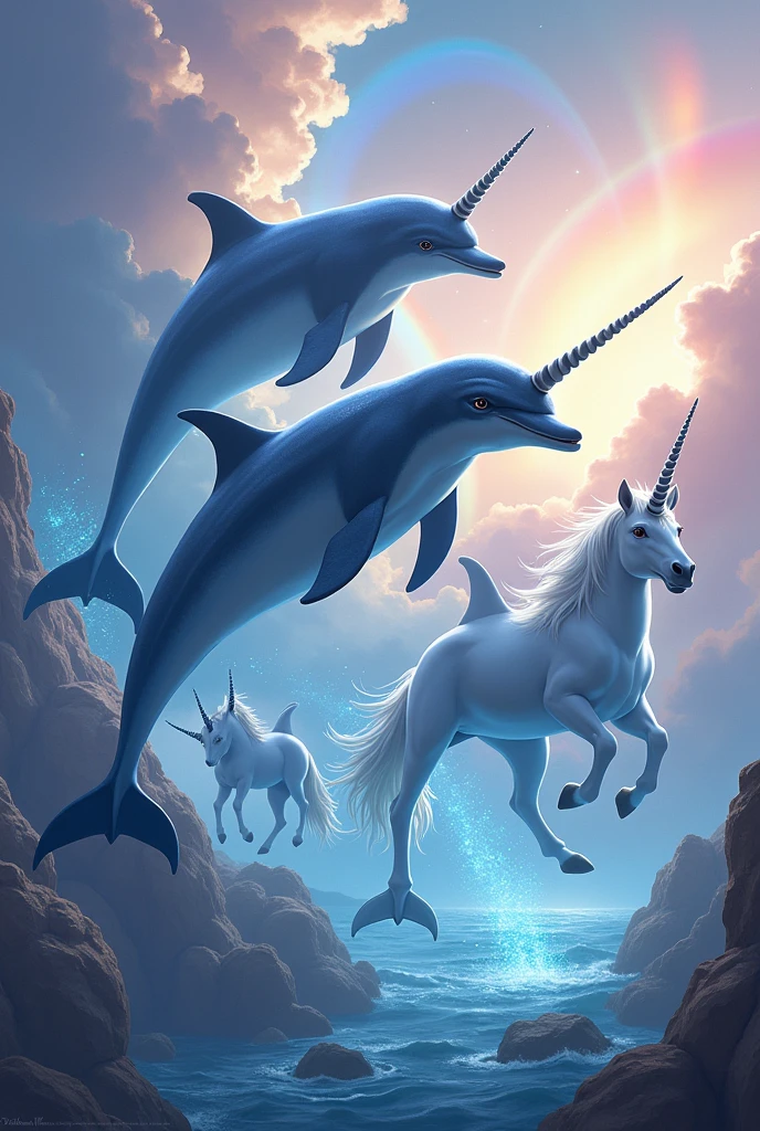 Dolphins swimming in a rainbow sea with a winged unicorn