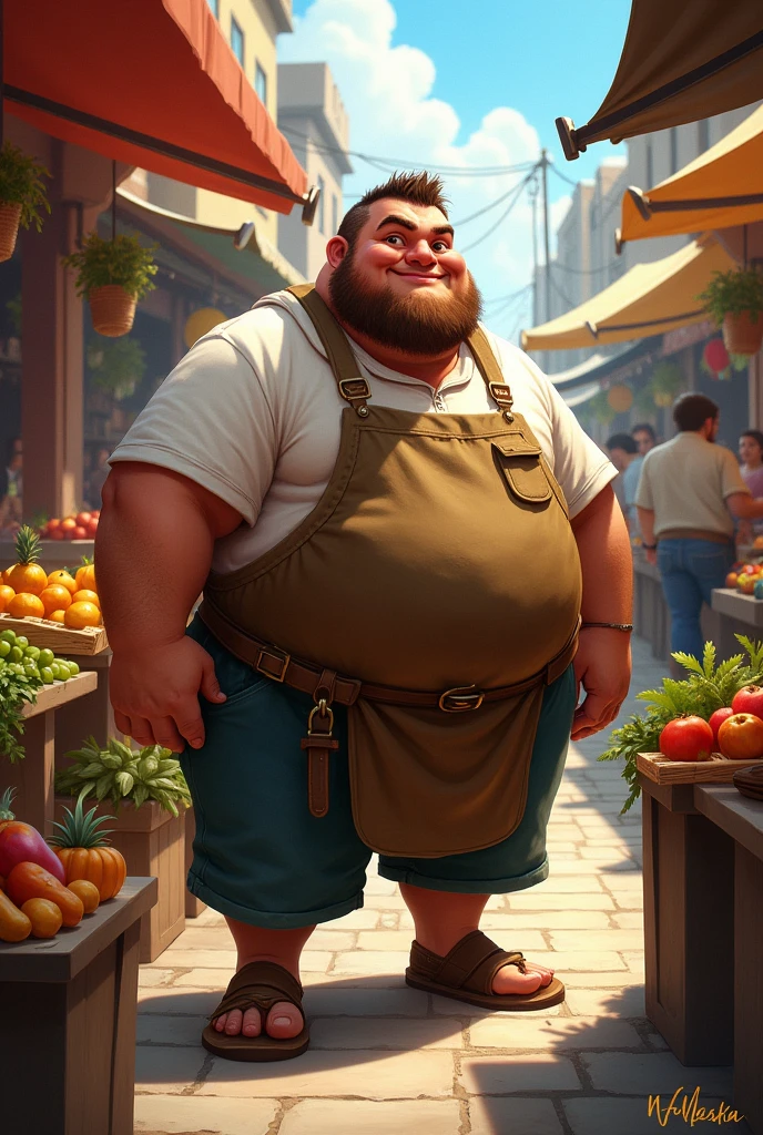 Typical hot beefy chub guy in apron in market