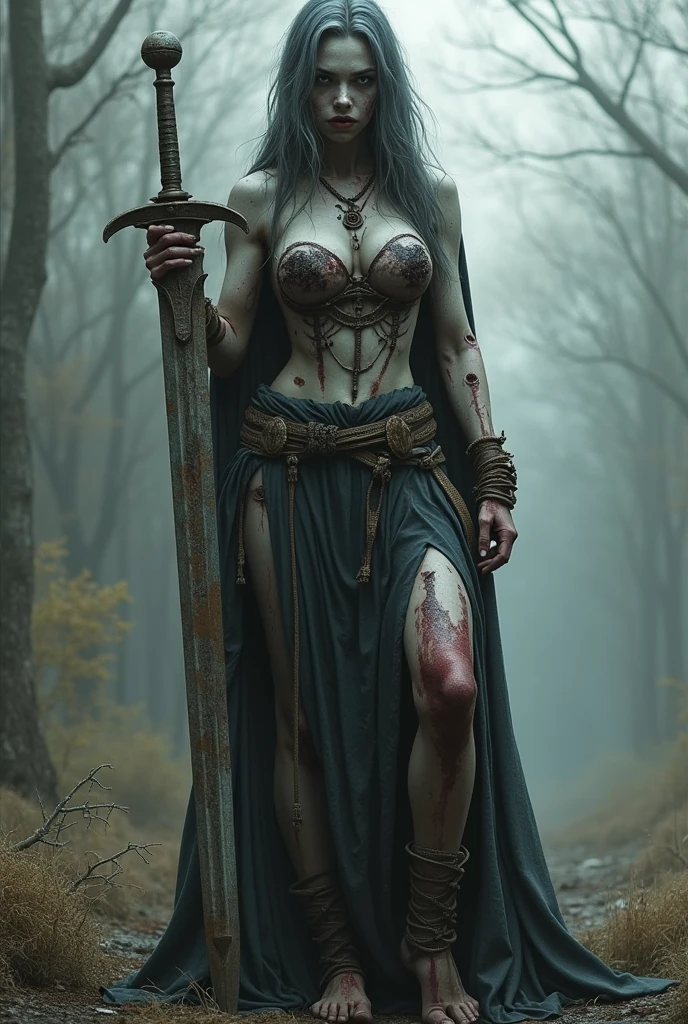 Undead zombie girl, 14th-century warrior infected by a zombie strand of the Black Death, skin rotting away, bare bones of arms and legs visible, extremely sexy face and long dark grey hair, huge breasts and thicc butt, rusted decaying armor with many holes, tight rusty chains around her wrists and ankles, holding a rusted decaying sword, goddess of death, in a dead forest in the underworld, supernatural spirit, standing before her throne of wrought iron and skulls, powerful and sexy standing pose, goddess’s throne room in underworld forest, dead trees and heavy fog, very intricate and detailed background scene, highly detailed, goddess, powerful, sexy, real, incredibly realistic and hyper detailed fantasy art of a mythical goddess, close-up photo of her, incredible facial detail