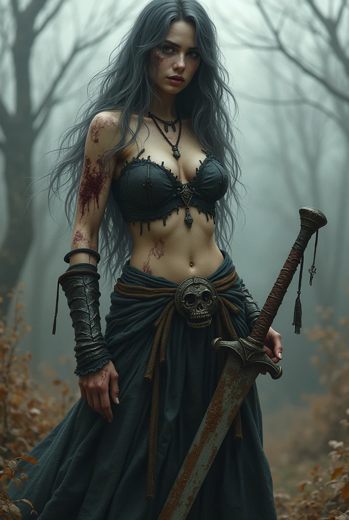 Undead zombie girl, 14th-century warrior infected by a zombie strand of the Black Death, skin rotting away, bare bones of arms and legs visible, extremely sexy face and long dark grey hair, huge breasts and thicc butt, holding a rusted decaying sword