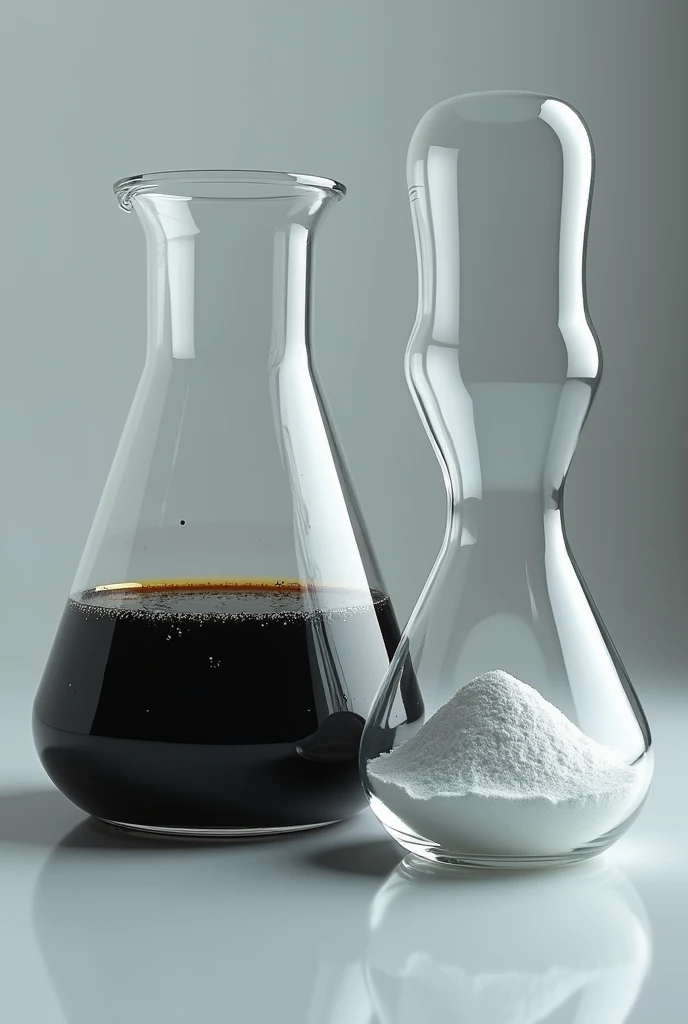 a beaker containing an emulsion of crude oil and next to it a watch glass containing barium sulfate. Improve the beaker with oil. Leave the petroleum as a viscous black fluid
