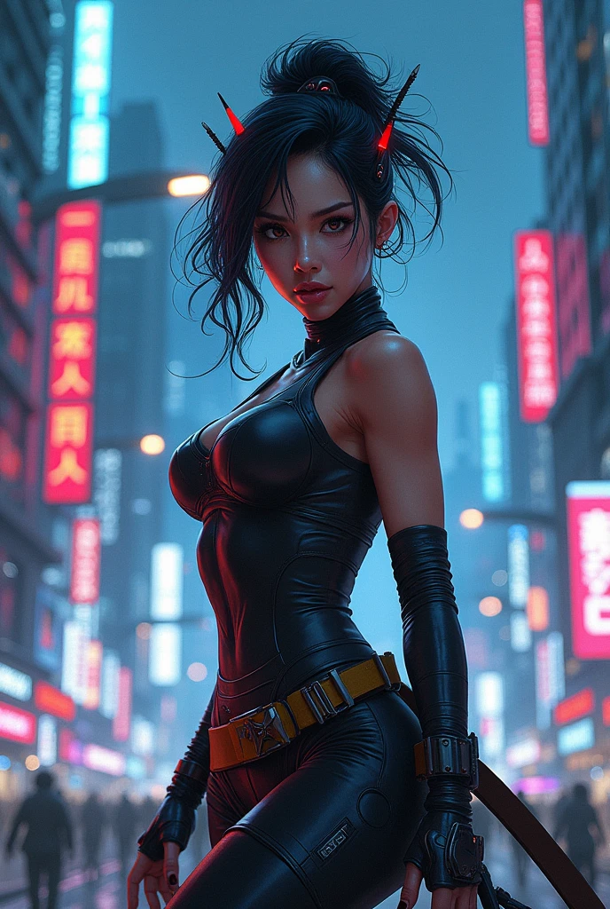 Sexy japanese ninja warrior girl with a cyperpunk version of Tokyo city at background. Manga Capcom artist style