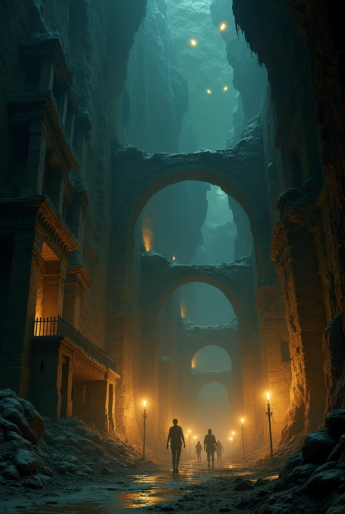 The ancient city in cave, lit only by torches and scary eyes hiding in the shadow of the buildings. Looked at people.