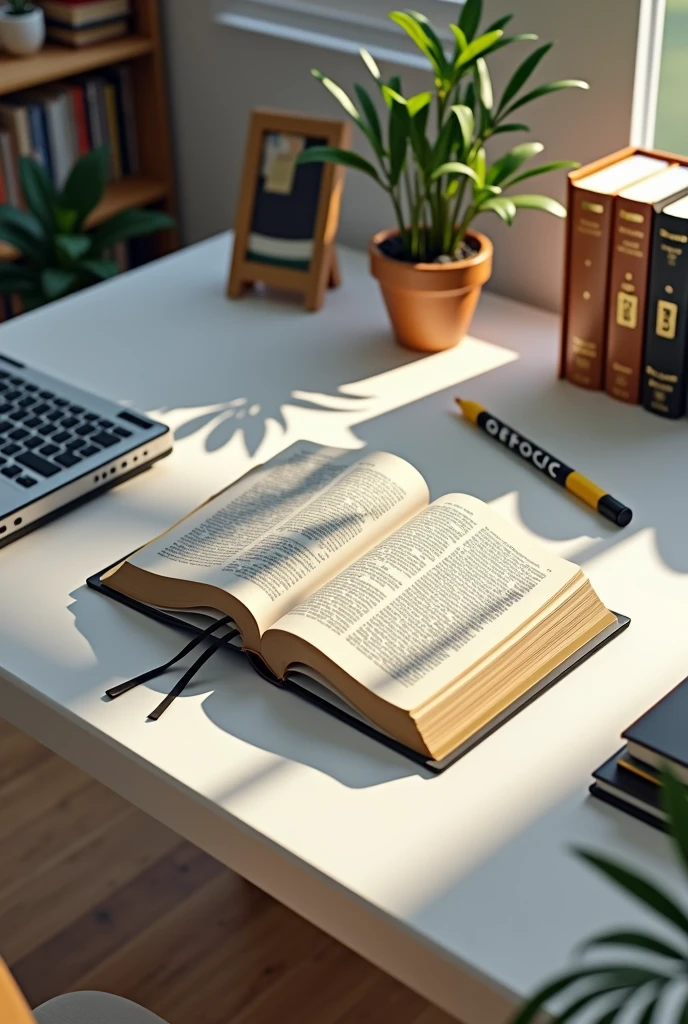 open bible on white desk with study environment aerial view