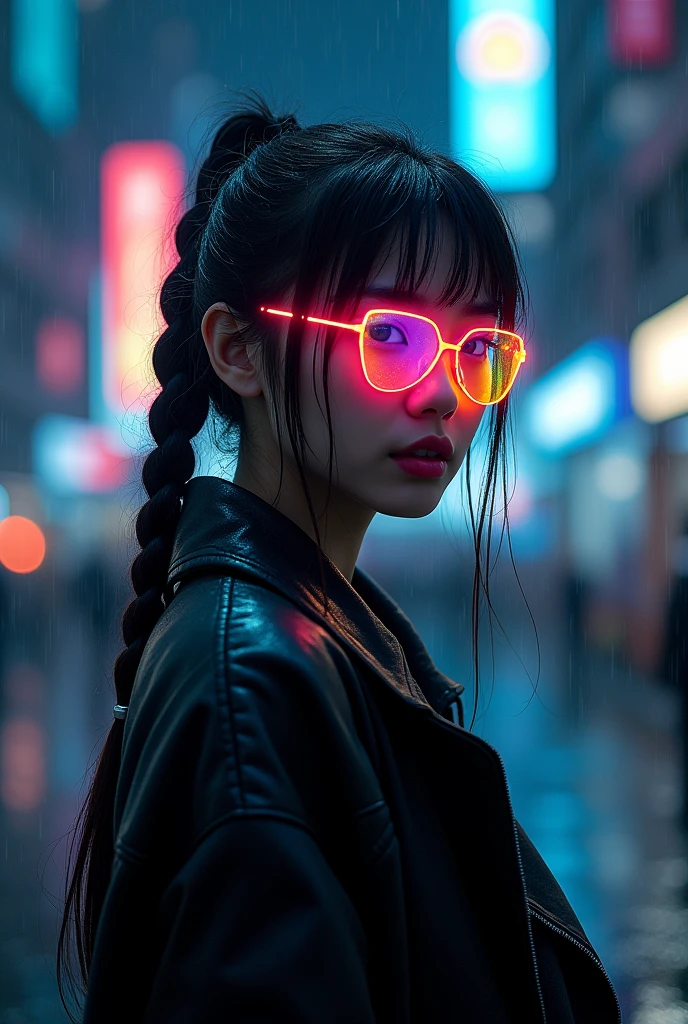 modern girl, her hair is tied to one side, the other is braided, she is wearing a black jacket, glasses glowing with a rainbow, the city, it’s raining at night, high quality image, beautiful, stunning, ultra HD,, ultra hd 