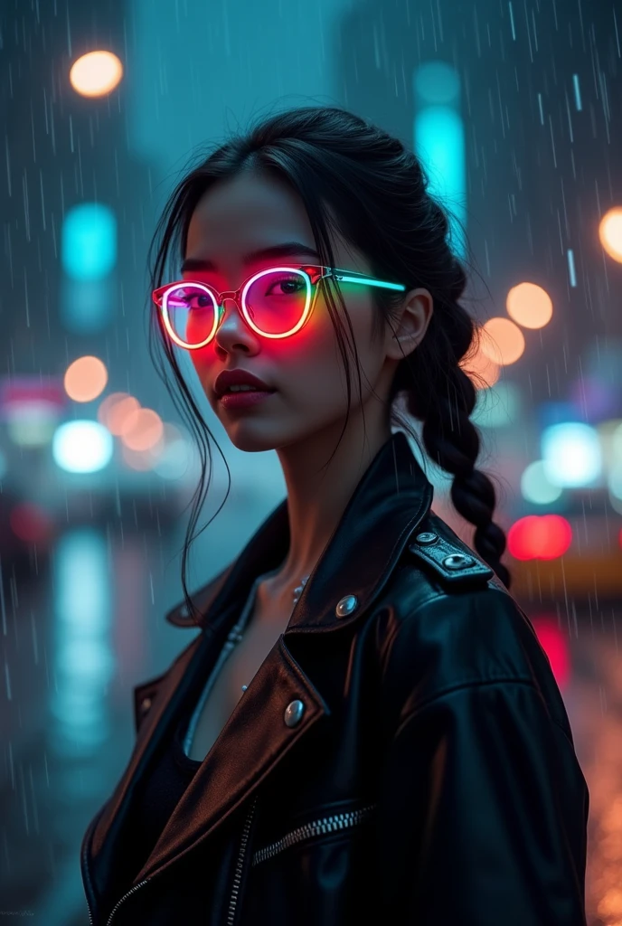 modern girl, her hair is tied to one side, the other is braided, she is wearing a black jacket, glasses glowing with a rainbow, the city, it’s raining at night, high quality image, beautiful, stunning, ultra HD,, ultra hd
