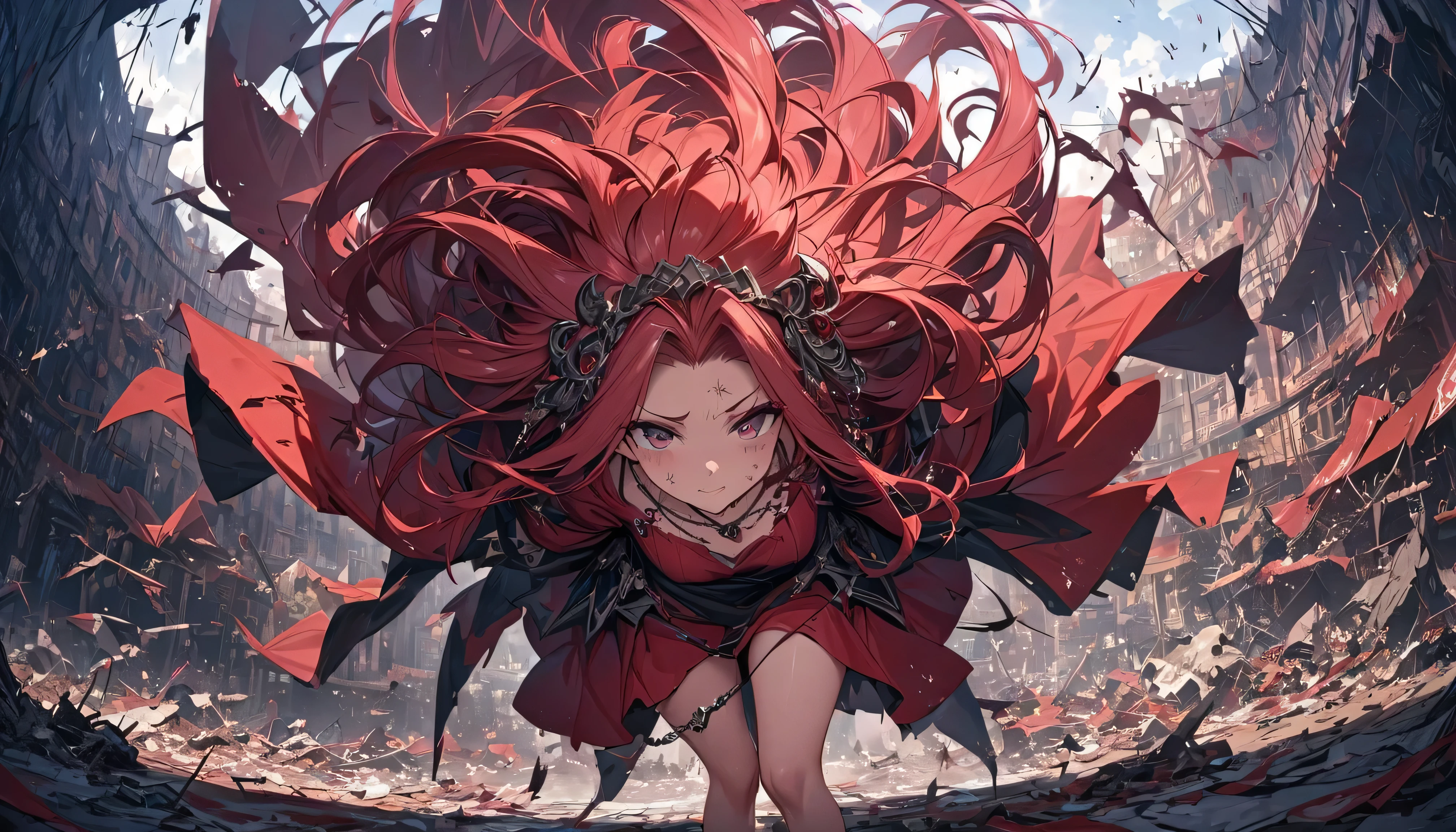 Highest quality, Learning, Detailed Hair, High resolution, (((itch))) ,necklace, hair ornaments, (Beautiful Face), Red clothes, View your viewers, Red Hair, Are standing, （Above the thigh），Medusa, Collapsed detailed background