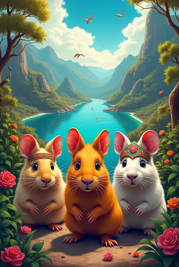 Act as a graphic designer and create a dynamic composition that presents the carnival with all its festive elements, like guinea pigs and masks, in the center of a representative landscape of Nariño, including the Cocha Lagoon and the Las Lajas Sanctuary.