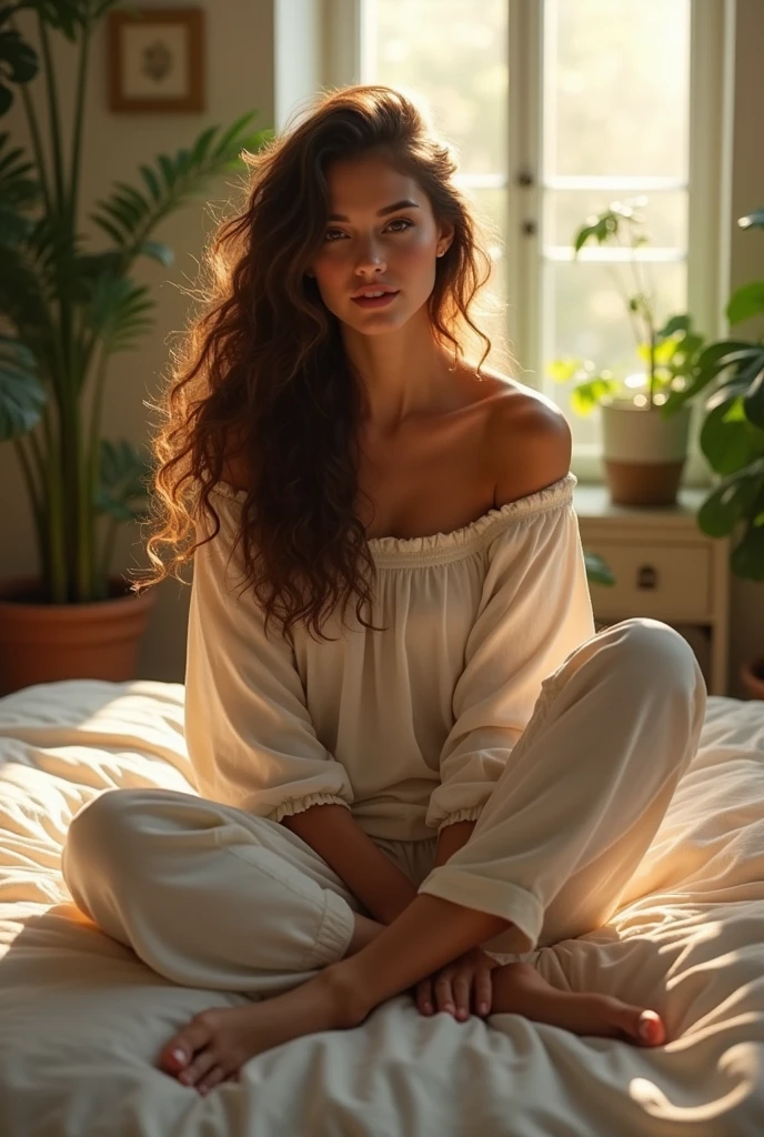 (photorealism:1.2), beautiful woman, sitting on bed, wearing loose off-shoulder top, pajama pants, long curly hair, indoors, soft lighting, plants in background, window with sunlight, cozy room, relaxed pose, realistic, intricate details, warm colors, by Greg Rutkowski, by Alphonse Mucha