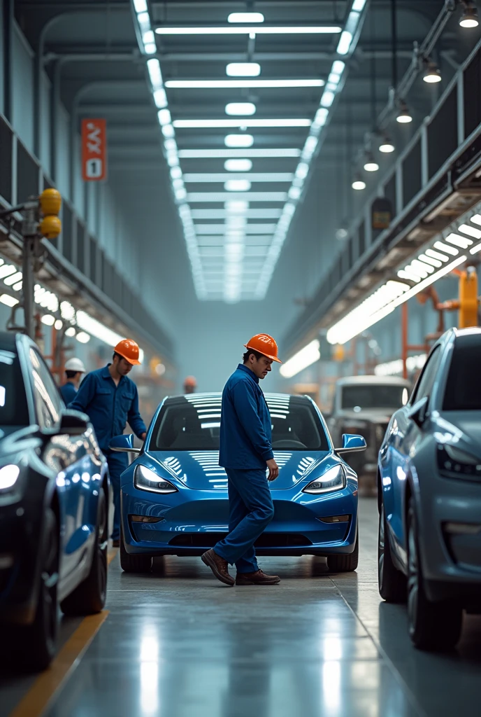 Photorealism : a human enter in a tesla's factory production line and left it driving the car
