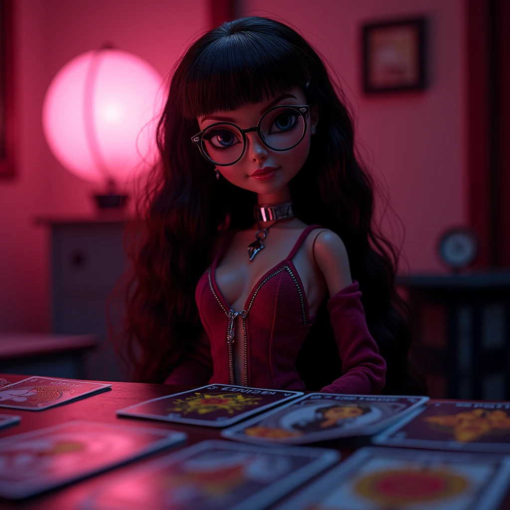 handsome bratz in Velour , without bangs in round glasses with brown hair, in front of her on the a lot of tarot card table. There is a dark atmosphere around. There is a pink night light on the table that makes the room pink