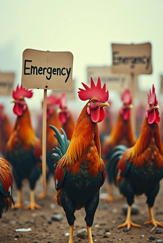 photo showing many roosters holding placards written “emergency"