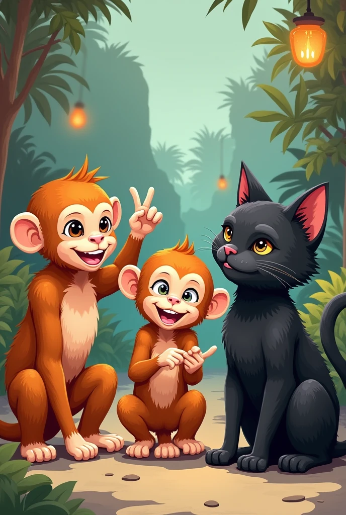 Illustration of 3 monkeys and 2 cats, one of which is orange and the other black