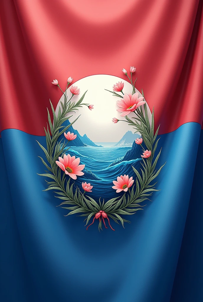 A flag of a country, blue and red, with a Coat of Arms with light pink flowers, mar, and seaweed