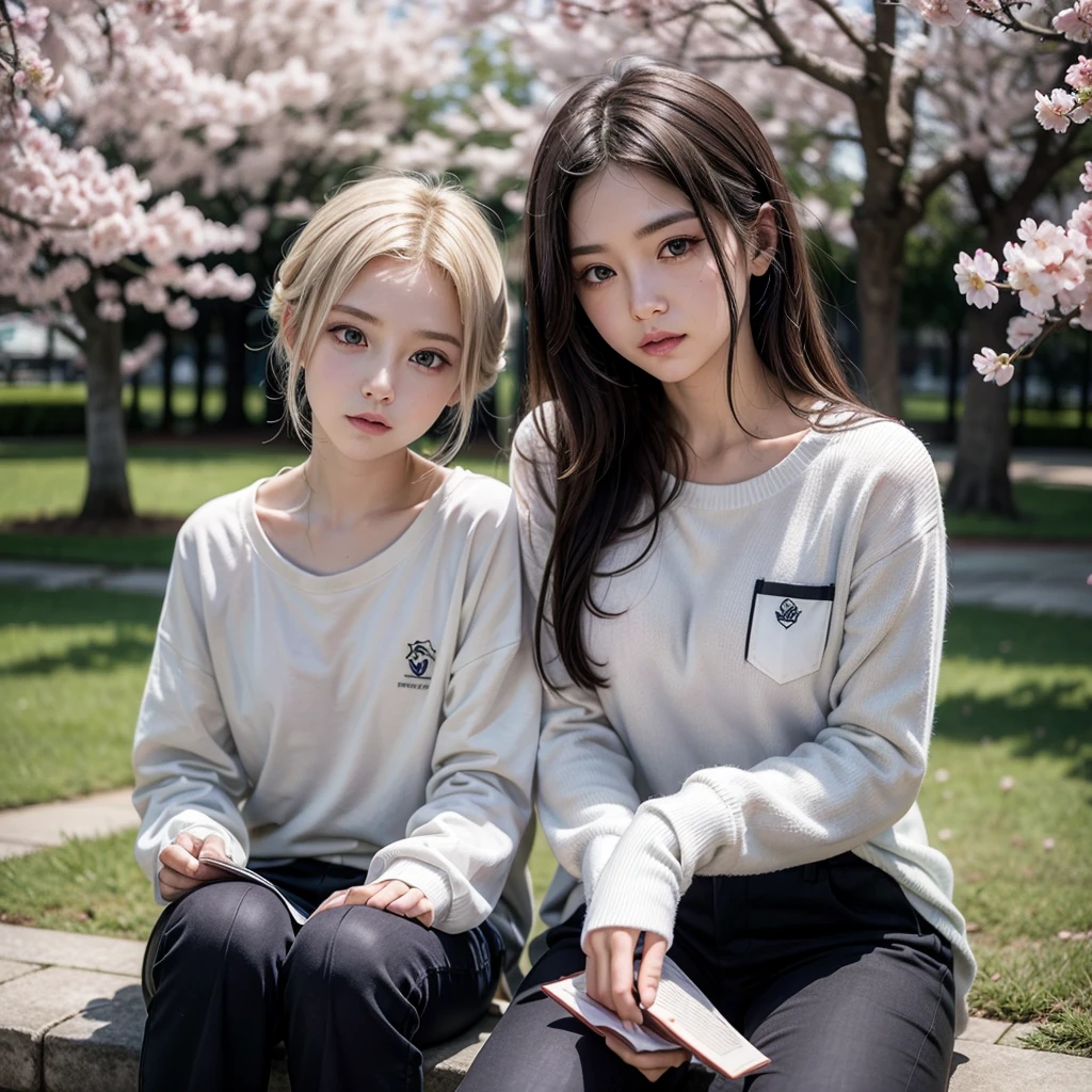 Descrição da Imagem no Estilo Anime:Um garoto em estilo anime com cabelo branco e olhos azuis, de pele clara, está sentado embaixo de uma árvore de sakura em plena floração. Ele segura um livro com uma expressão pensativa. Ele usa uma camisa listrada em preto e branco com mangas longas e calça preta. As pontas de seu cabelo possuem manchas azuis, que adicionam um toque vibrante ao seu visual. O fundo é preenchido com pétalas de sakura caindo suavemente, criando uma atmosfera serena e encantadora
**Anime Style Description:** A boy in anime style with white hair and blue eyes, with fair skin, is sitting under a cherry blossom tree in full bloom. He holds a book with a thoughtful expression. He wears a black and white striped long-sleeve shirt and black pants. The tips of his hair have blue streaks, adding a vibrant touch to his appearance. The background is filled with gently falling cherry blossom petals, creating a serene and enchanting atmosphere.
