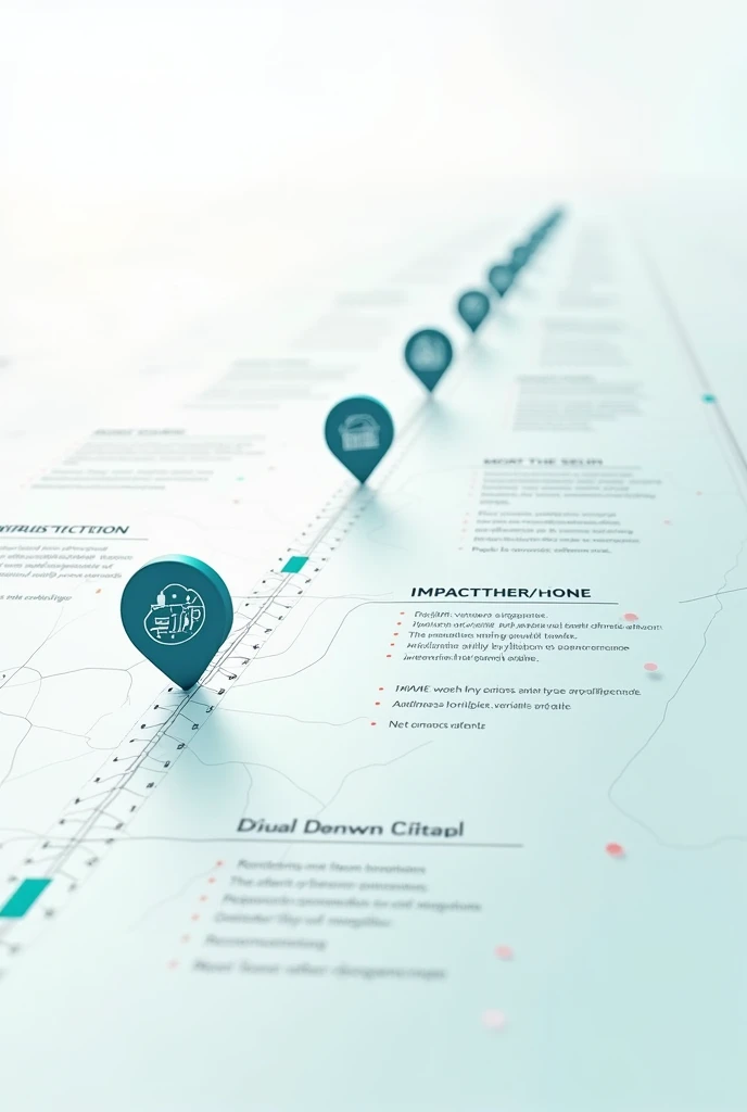 Design a sophisticated timeline or roadmap with Slate Blue markers and Ivory lines on a transparent background to show long-term impacts. Incorporate detailed Slate Blue icons representing various impacts, such as infrastructure and social effects. Use elegant blue and green accents.”