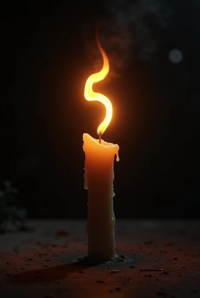A lit candle, with the flame making the shape of the number "5", dark background illuminated by candle