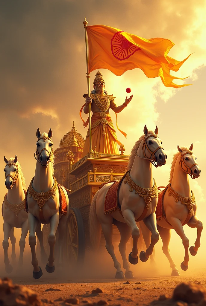 Create an image of a large, ornate golden chariot pulled by five majestic, powerful horses. Each horse is muscular and adorned with intricate, royal harnesses. A large golden-red flag waves proudly from the chariot, its colors vibrant against the backdrop. Standing tall on the chariot is a god-like figure, dressed in regal attire, holding a cricket bat in one hand and a cricket ball in the other. The entire scene is bathed in a warm, divine glow, with the chariot appearing as if it's in motion across a celestial landscape