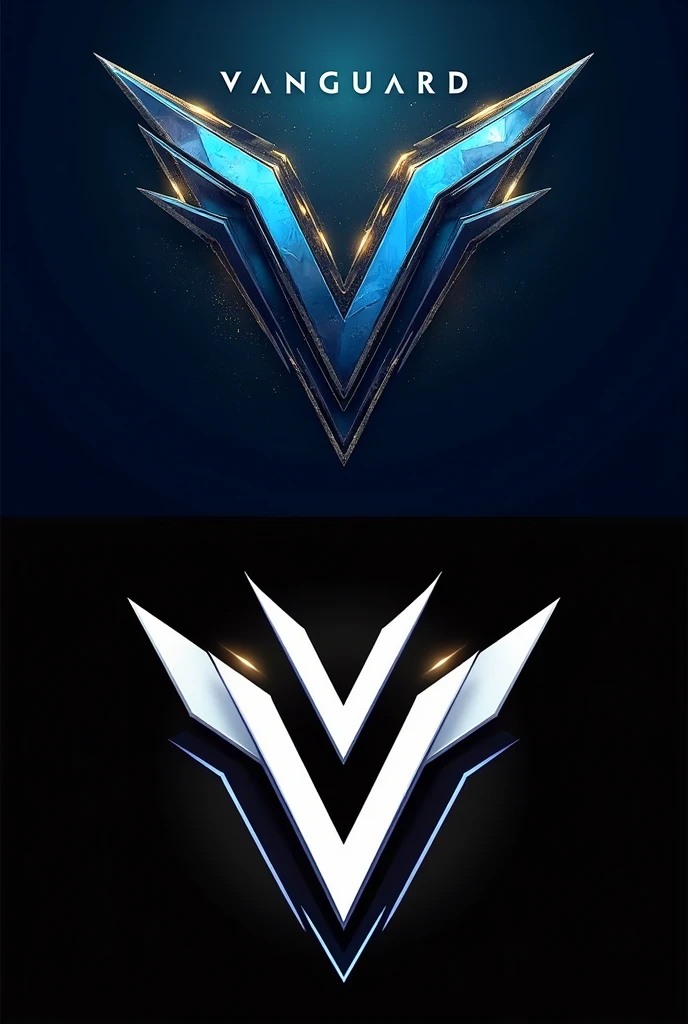 create two e-sports style logos with the letter V, with small vanguard writing above. one blue with gold and the other black and white