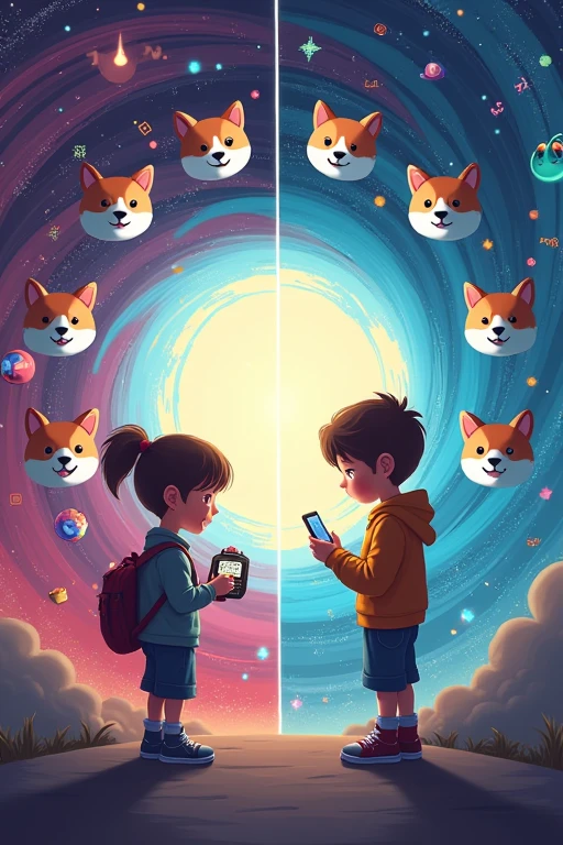 A time portal with a 90s kid holding a original Tamagotchi on one side, and a modern gamer with a smartphone playing PlayDoge on the other. The portal is swirling with crypto symbols, game icons, and Shiba Inu faces. Above the portal, a banner shows the evolution of digital pets from pixels to high-definition graphics