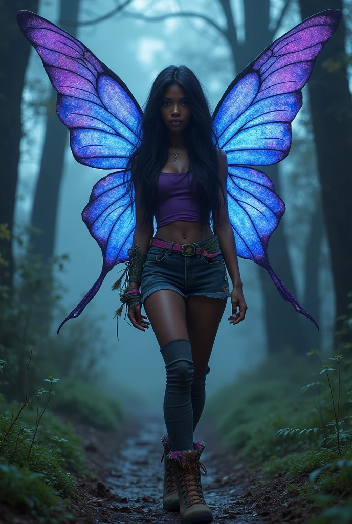 Real fairy with beautiful blue and purple ,pink wings with glitter,Layla a beautiful fairy, Layla is a black girl with long, wavy dark brown hair and cerulean eyes. Her daily outfit is comprised of a soft purple tank top with a small blue colored wave logo on it, a khaki miniskirt, khaki hiking boots, and soft purple leg warmers. She also wears a soft purple sleeveless hoodie, accompanied by khaki-trimmed denim jeans. In Season 4, she wears a lime green tank with a pink patterned shirt over it. Her pants are a slightly darker shade of green with a pink belt and cuffs. She also wears pink and green sneakers, and a pink, green trimmed headband but make it 1980 dark fantasy movie scene