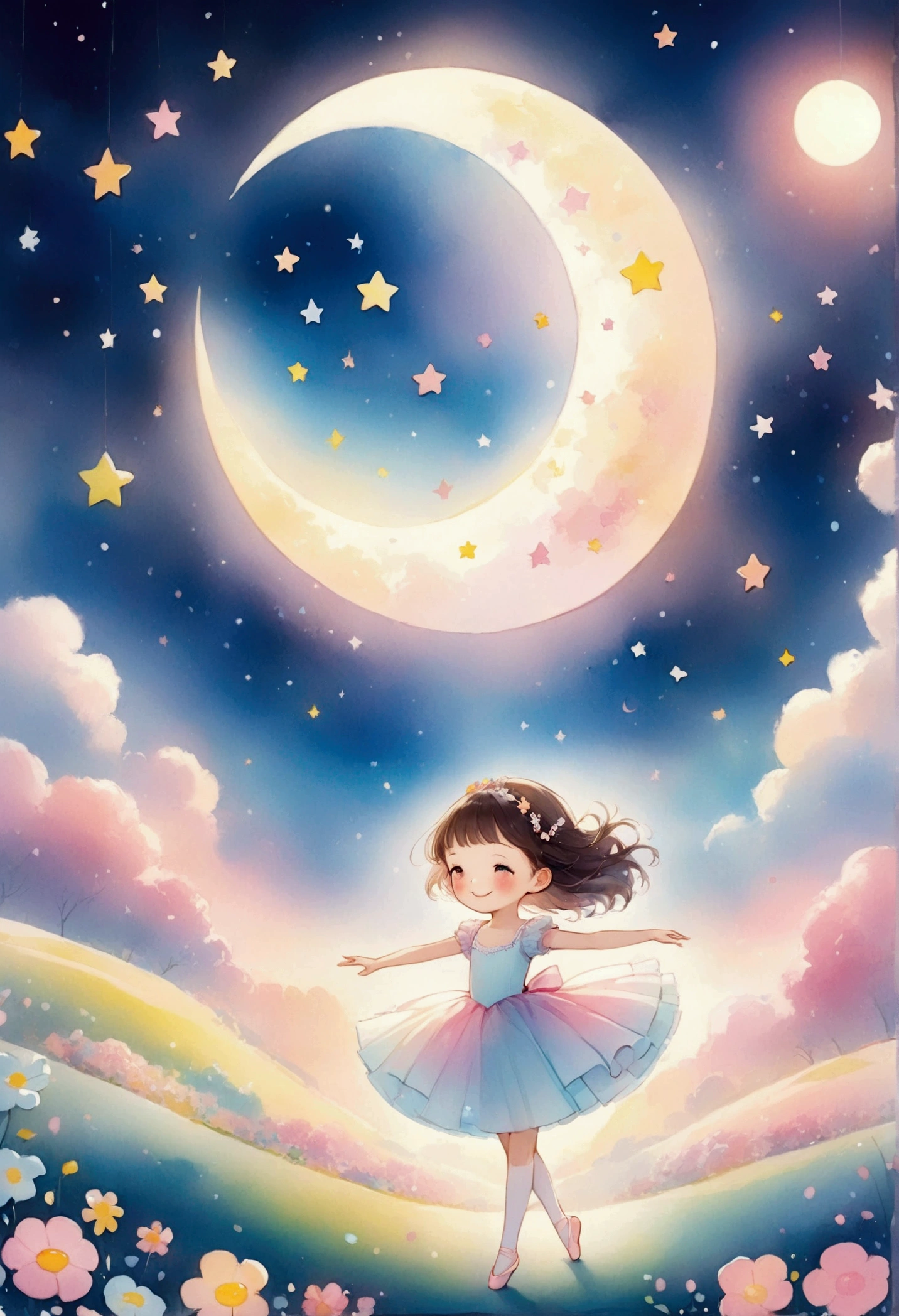 (masterpiece), (Highest quality) (Detailed art), smiling, The night sky is sparkling with stars, the moon is shining, ballerinas are dancing, pastel colors, kawaii, cute colors, pastel, kawaii pastels