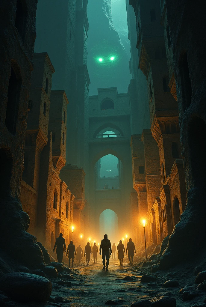 The ancient city in cave, lit only by torches and scary eyes hiding in the shadow of the buildings. Looked at people.