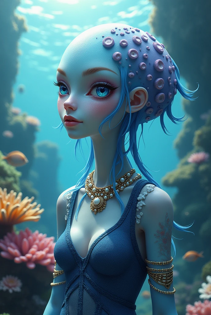 Physical Characteristics:Head: The octopus woman has a round head with soft, slippery skin, a tone that can vary between light blue and violet, with a slight iridescence that shines in the light. His face is friendly, with soft features that convey a feeling of mystery. Eyes: His eyes are large and expressive, black with flashes of blue that reflect the light. They have an almond shape, which gives them an air that is both enigmatic and captivating.Hair Instead of hair, they have tentacles emerging from their head. These tentacles are long and thin, and decorated with small pearls and corals that highlight their connection to the ocean. The tentacles can vary in color, from lilac to deep green. Body: Its torso is humanoid, with soft, shiny skin that appears gelatinous. Its arms are thin and elegant, ending in hands with fingers that are similar to those of humans, but with a slight glow that imitates the light of water. Tail: On the lower part of its body, instead of legs, it has a wide and flexible octopus tail. This tail is a deep color, with patterns that resemble sea waves, and allows him to move agilely in the water. Clothing and Accessories: Clothing: Although his body is mostly naked, he wears a top that imitates a fishing net dark blue, which fits to his torso, leaving his arms and the top of his tail exposed. This garment is decorated with shells and small fragments of coral that appear to have been collected from the bottom of the ocean. Accessories: Around her neck she wears a necklace made of sea beads and small shells. On her arms, she wears shell bracelets that highlight her connection to the sea. Its tentacles, in addition to pearls and corals, may have seaweed that add a natural touch to its appearance. Environment: It is located in a vibrant marine environment, surrounded by colorful coral reefs and exotic fish that swim around it. Sunlight filters through the water, creating dancing patterns of light on its skin and accentuating the beauty of its