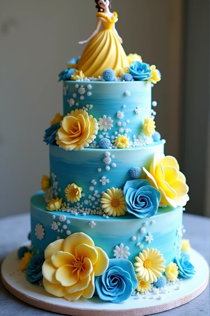 A 3-tier Beauty and the Beast cake using Royal Blue and Baby Yellow colors, made only of whipped cream, nothing too fancy