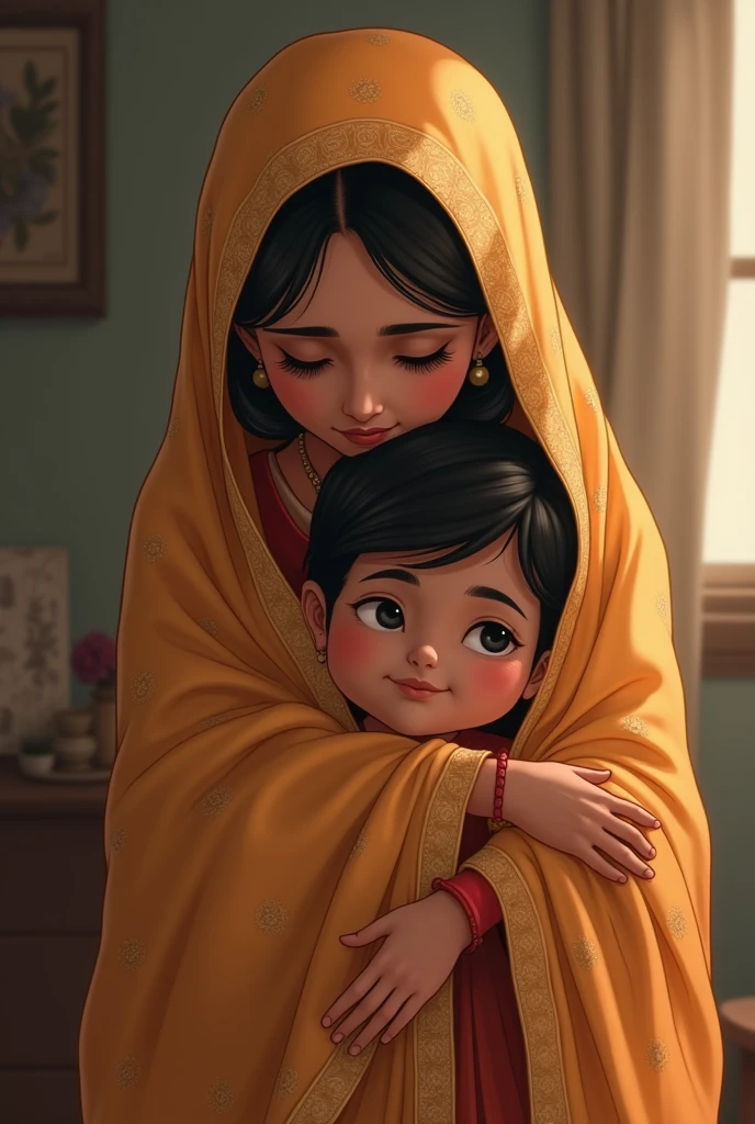 Create an image of an elder sister who is protecting her younger brother with her apron of her saree and embracing him 