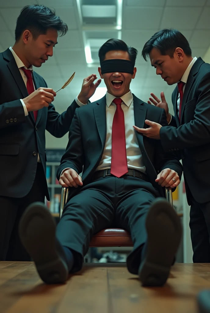 Malaysia malay handsome 21 years teacher
His hand tied up  in warehouse 
Blindfolded
Black Suit and Red tie
feet on desk
Black Sock at floor
Shoes at floor
feather
5 toes each feet 
Smock effect smelly sock
2 man holding feather tickle his feet
He laugh very hard

