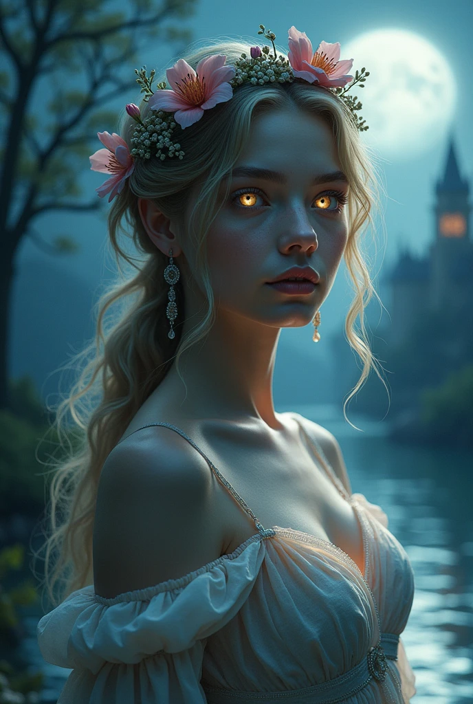 A striking portrait of a young, beautiful woman with a mysterious and alluring gaze. She is adorned with an elegant, flowing gown and a delicate floral crown. However, her eyes reveal the hidden beast within, shimmering with an otherworldly aura. The background is a fantastical, dream-like landscape with a moonlit lake, swaying trees, and a distant castle. The overall atmosphere of the image is enchanting and mysterious.