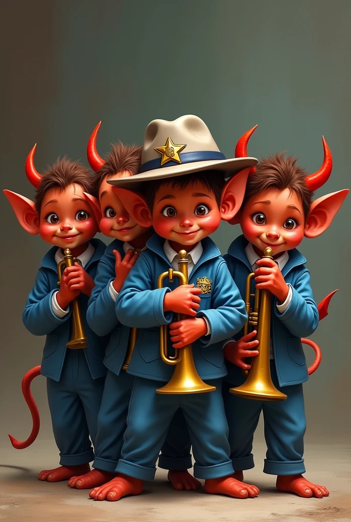 5 Diablitos 🤫 agarrando trompeta con sombrero de color plomo de sheriff y chapa en el sombrero, blue aviation suit, White shirt