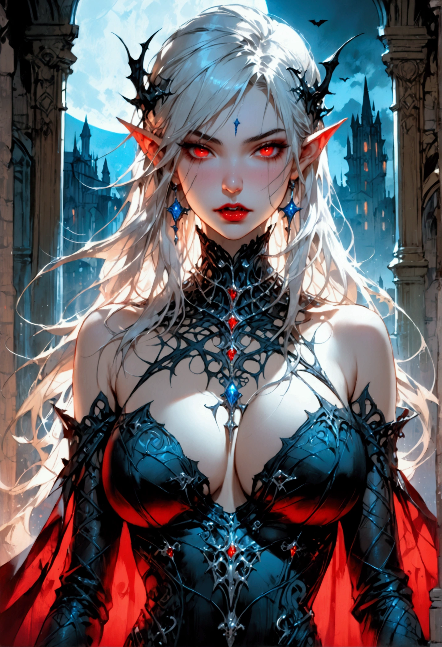 anime comic illustration fantasy art, gothic art, (masterpiece:1.5), full body best details, highly detailed, best quality, Glowing Red, highres, full body portrait of a vampire, elf (Masterpiece, best quality: 1.6), ultra feminine, wizard, (intricate details, Masterpiece, best quality: 1.5) with a long curvy hair, light color hair, red eyes, busty, ((beautiful delicate face)), Ultra Detailed Face (intricate details, fantasy art, Masterpiece, best quality: 1.5), ((vampiric fangs 1.5)) (blue cloak: 1.3) , flowing cloak (intricate details, fantasy art, Masterpiece, best quality: 1.3), wearing an intricate (black: 1.4) intricate leather dress (intricate details, fantasy art, Masterpiece, best quality: 1.5), high heeled boots, fantasy urban background (intense details, beat details), fantasy, at night light, natural ,moon light, clouds, gothic atmosphere, soft light, dynamic light, [[anatomically correct]], high details, best quality, 8k, [ultra detailed], masterpiece, best quality, (extremely detailed), dynamic angle