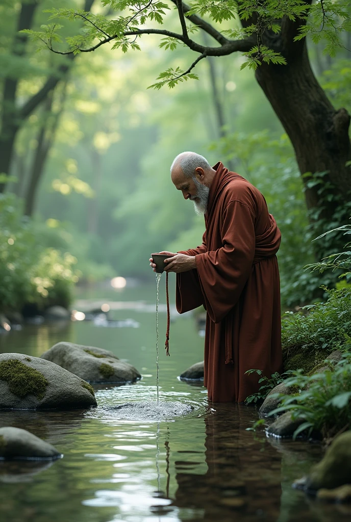 Monk filled the cup by stream
