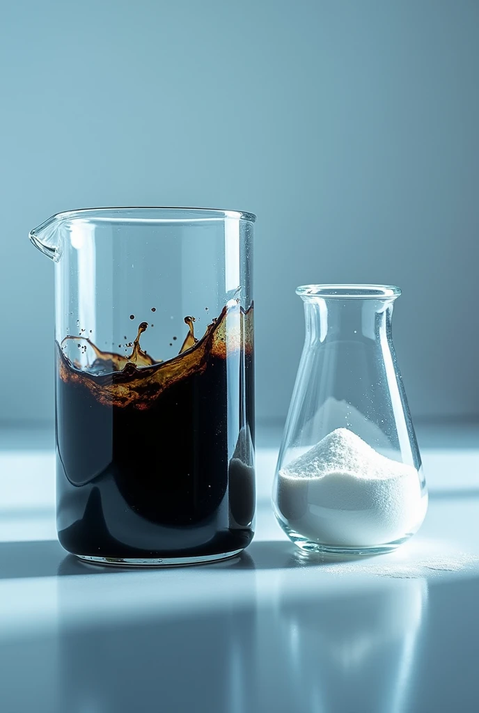a beaker containing an emulsion of crude oil and next to it a watch glass containing barium sulfate. Improve the beaker with oil. Leave the petroleum as a viscous black fluid. reduce the size of the glass containing the barium sulfate