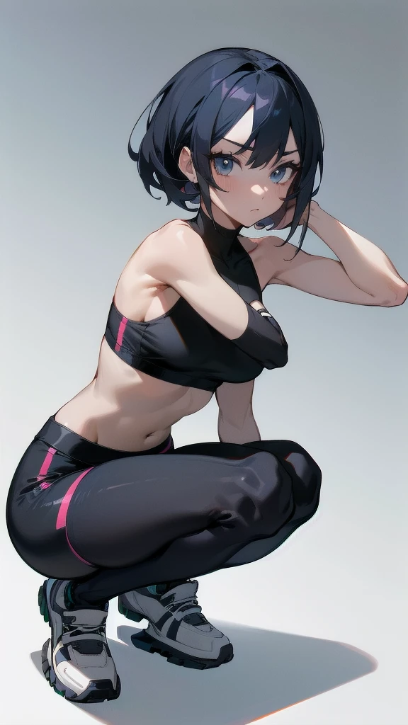 (absurdres), [standing, upper body, close-up of girl:0.4], slim body, perfect body, mini skirt, high neck sports bra, gradient background, anime character, (cute girl:1.1), pose, squatting
