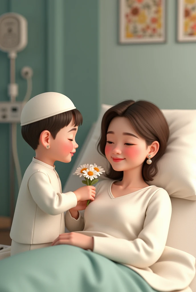 A beautiful girl 20 years old she is reclining  on a pillow in a medical, a young man who is 2  he is  wearing white panjabi, white pajama and Islamic hat in his right hand some flowers he is giving those flowers to her and she is smiling 
