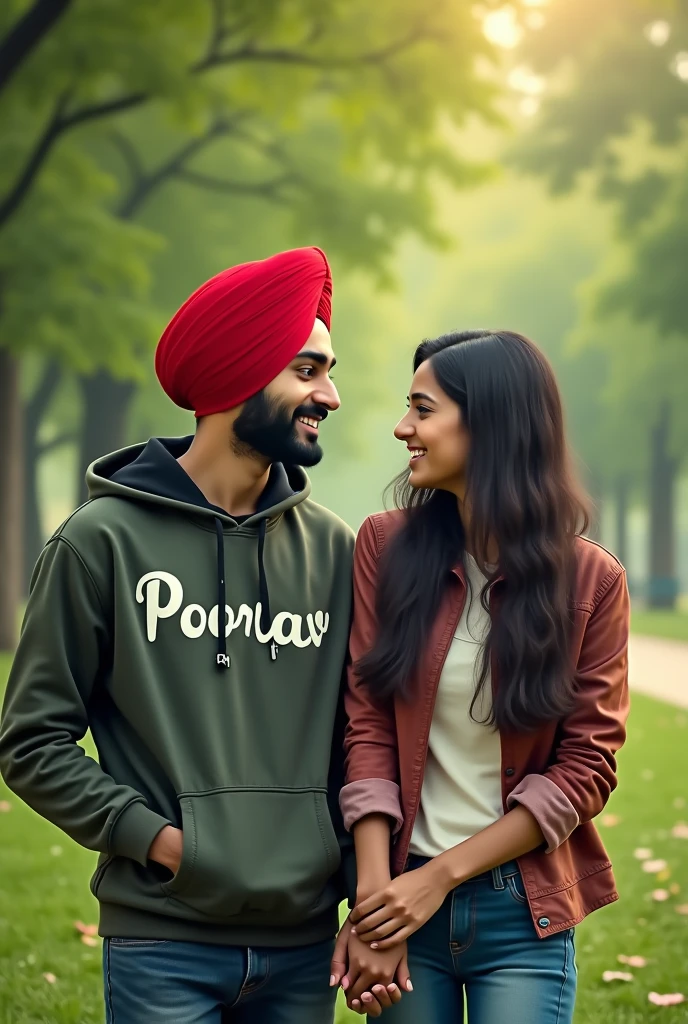 a18 years punjabi boy sir pe lal coolar ki turban pero me jute black coolar ke or hoodie pehan ke rakhi ho or hoodie pe name likha ho poorav ek pass me punjabi girl khadi ho hath pakad kr backgruand kbord pe name likha ho ,poorav and simran,ho or green park me bethe ho dono girl and boy