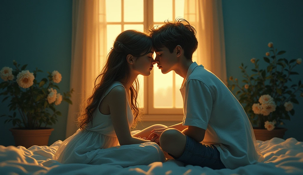 I am nothing without you boy and girl background , blue color, window with sunlight, relaxed pose, realistic, intricate details, warm colors, by Greg Rutkowski, by Alphonse Mucha