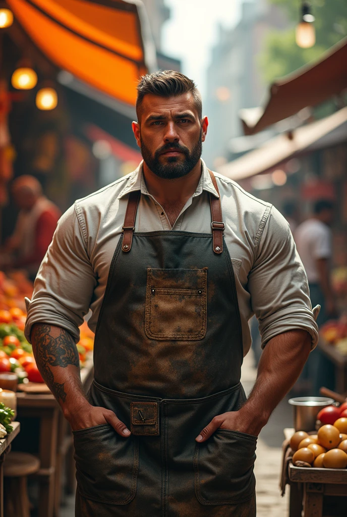Typical hot beefy guy in apron in market