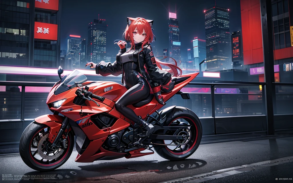 I imagine a cyberpunk world full of mystery and the future.. サイバーパンクなbikeに乗ったアニメの女の子を想像する, Surrounded by the neon lights of the night city. His purple and black suit, The shiny chain and her red hair create a glamorous look.. bike, A helmet with a shiny surface and a cat shape, Creates an enigmatic atmosphere. that&#39;looks like her&#39;Are you ready for an exciting nighttime adventure?!! .