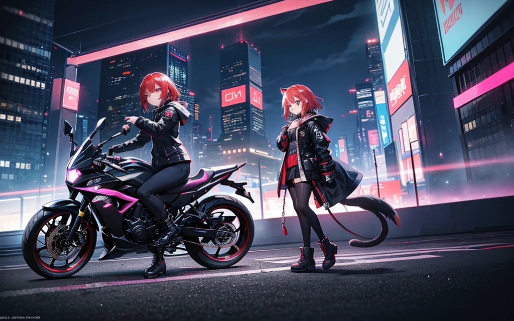 I imagine a cyberpunk world full of mystery and the future.. サイバーパンクなbikeに乗ったアニメの女の子を想像する, Surrounded by the neon lights of the night city. His purple and black suit, The shiny chain and her red hair create a glamorous look.. bike, A helmet with a shiny surface and a cat shape, Creates an enigmatic atmosphere. that'looks like her'Are you ready for an exciting nighttime adventure?!! .