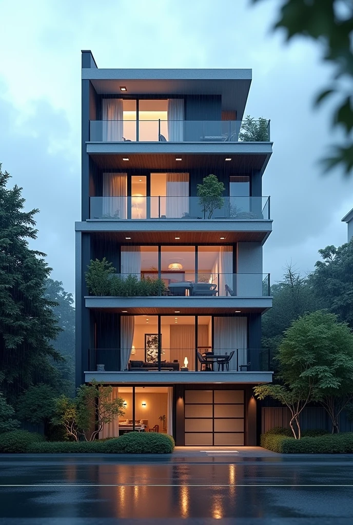 Create a realistic 3D image of a 4 storeyed residential building, modern architecture, in a blue rainy season background , front view