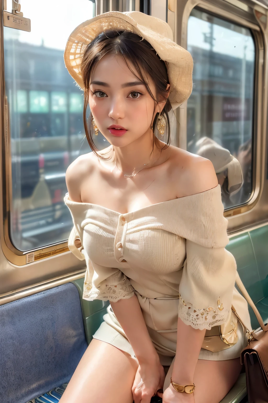 ((Realistic Sunlight, 8k, Top Quality, Masterpiece: 1.5, Best Quality, Illustration, Ultra-detailed, finely detail, high resolution, 8K Wallpaper, Perfect dynamic composition, Beautiful detailed eyes)), (off shoulder clothe with handbag:1.6), Natural Color Lip, (in the train station:2.0),24 years girl, shiny sweaty skin:1.4, ((beautiful detailed face and eyes:1.5)),((Highly detailed face and skin texture, Highly detailed lip texture, Beautiful detailed eyes, Raw Photo)), (Very Delicate and Cute Japanese Girl:1.5), (1 girl), Perfect Style, necklace, earrings, realistic shadows, (Emphasis beautiful sexy Legs:1.6),((sexy pose:1.6)), (close up:1.6)