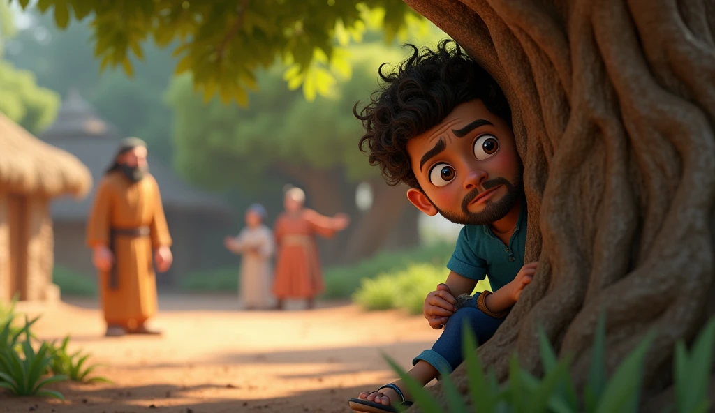 Washerman is a male, 40 years old with dark brown eyes, curly hair. He looks concerned, wearing a blue-themed shirt and pants with brown sandals, hiding behind a tree. In the background, the wise man is signaling to others. The washerman is starting to worry about his plan. Pixar 3D style.