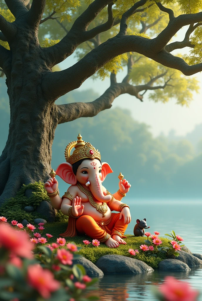 Too small ganesha sitting under a tree near river realistic atmosphere with lot of flowers and his vehicle small rat