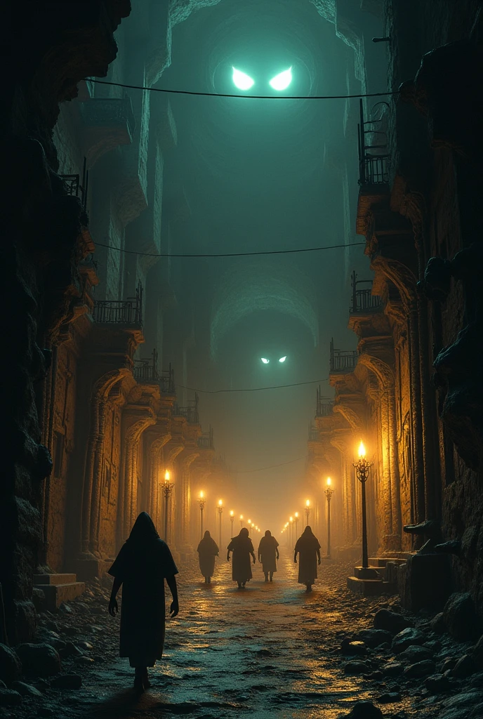 The ancient city in cave, lit only by torches and scary eyes hiding in the shadow of the buildings. Looked at people.